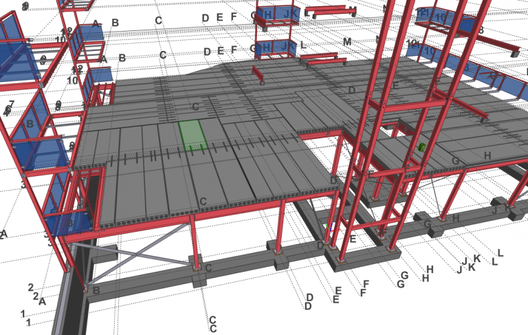 3D construction model of steel building with hollowcore planks